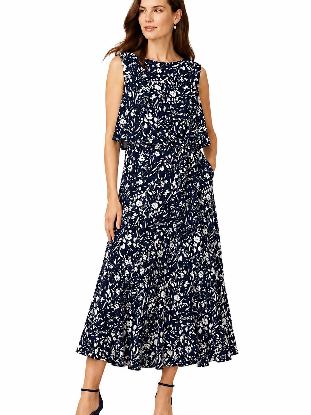 🌺 Lauren Ralph Lauren Navy & White Floral Faux Wrap Midi Dress